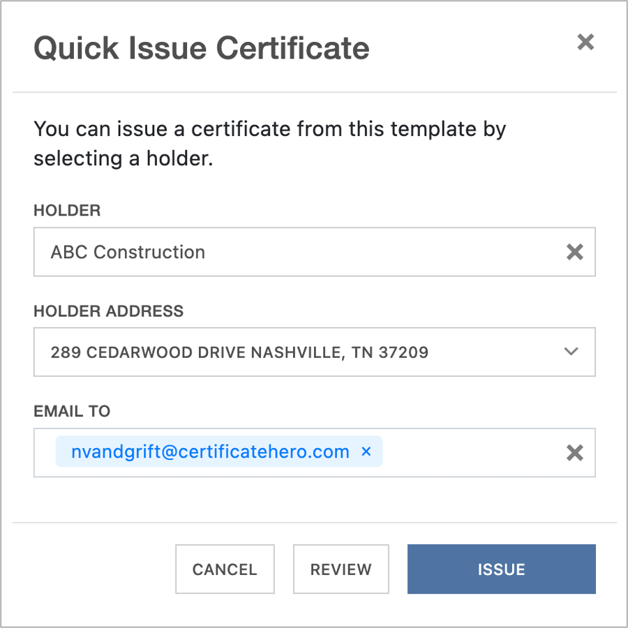 Quick Issue from a COI Template